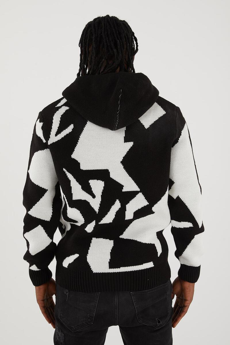 Men’s Abstract Black & White Knit Hoodie – Bold Graphic Pullover Streetwear