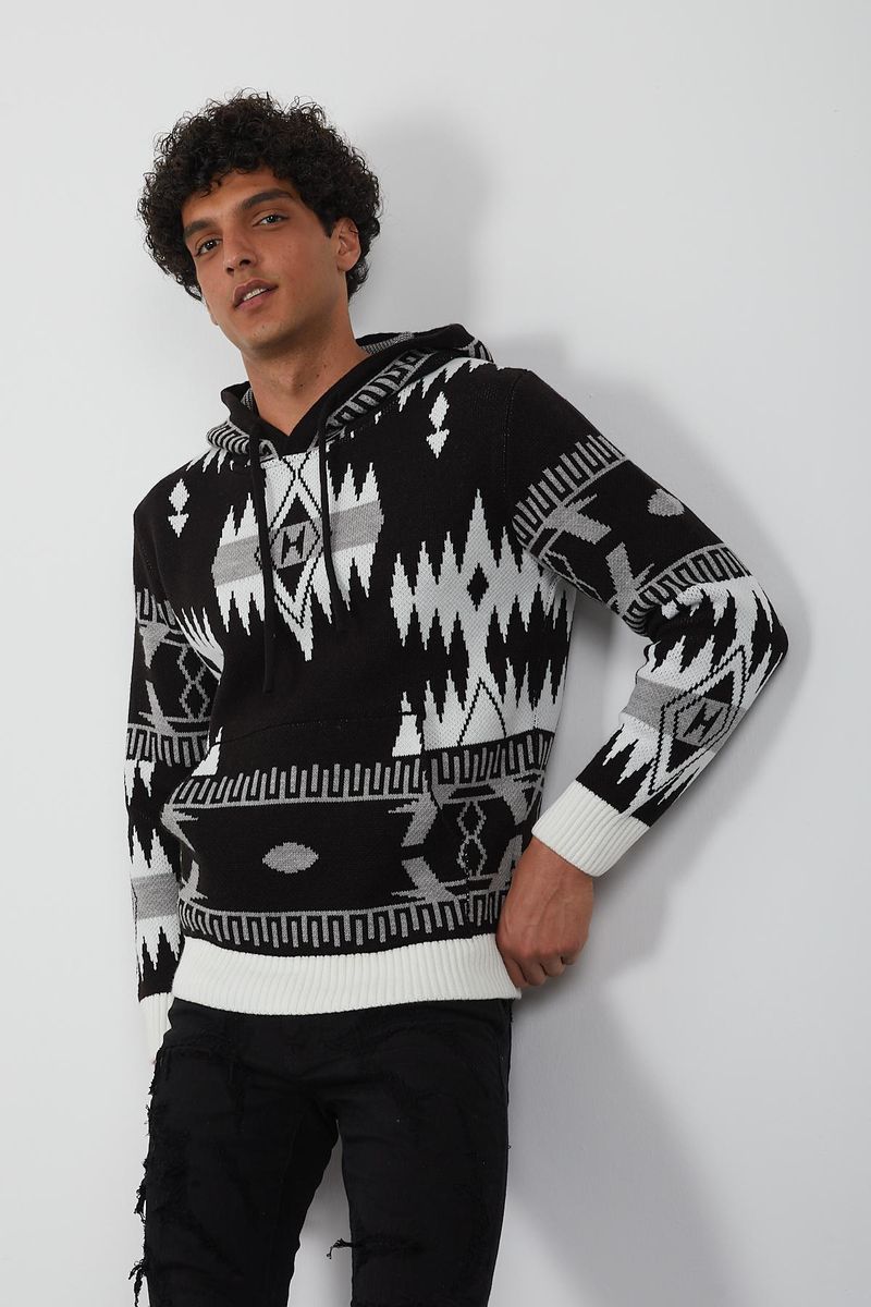 Men's Tribal Pattern Knit Hoodie – Black & White Geometric Pullover for Streetwear Style