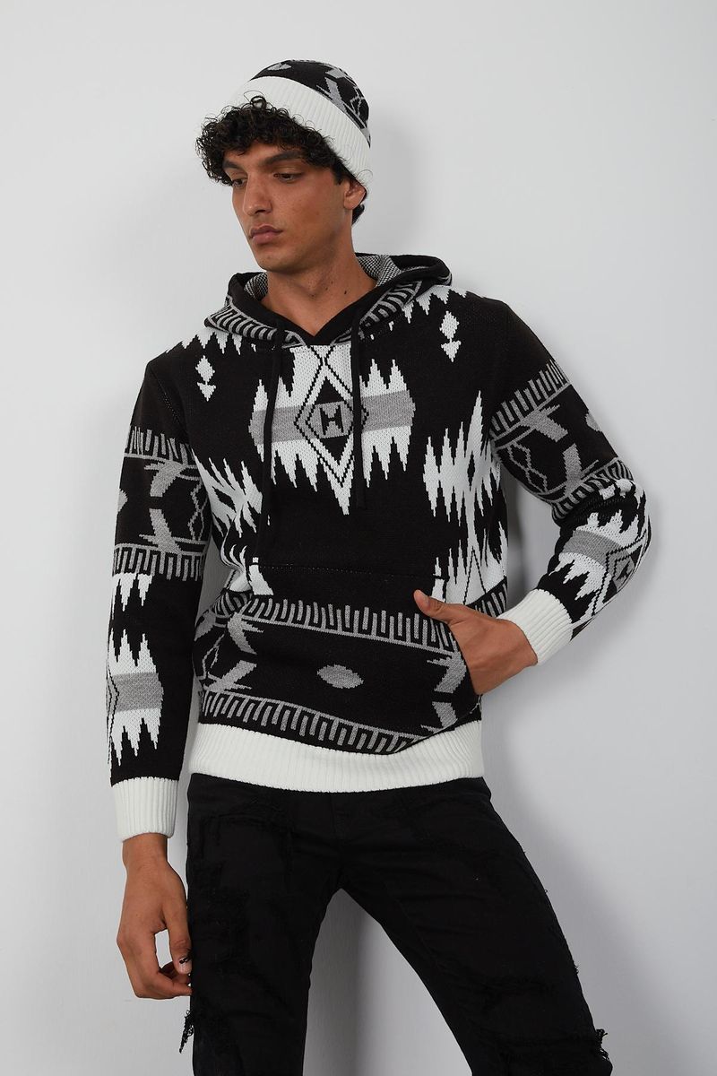 Men's Tribal Pattern Knit Hoodie – Black & White Geometric Pullover for Streetwear Style