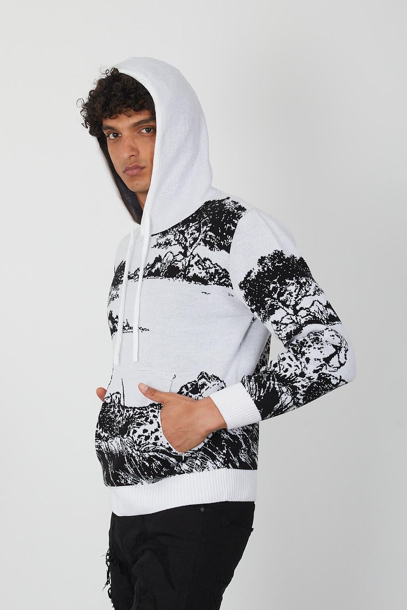 Men’s Knit Wildlife Hoodie – Monochrome Leopard Landscape Graphic Pullover for Fashion Forward Style