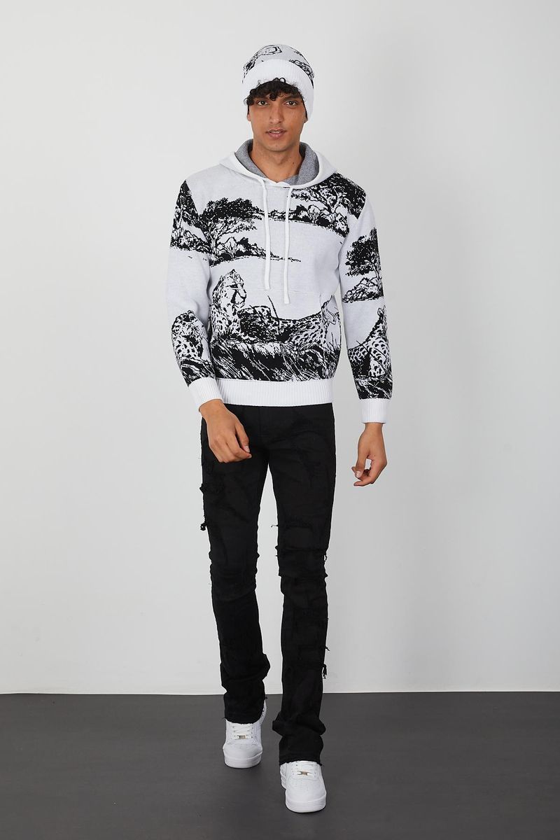 Men’s Knit Wildlife Hoodie – Monochrome Leopard Landscape Graphic Pullover for Fashion Forward Style