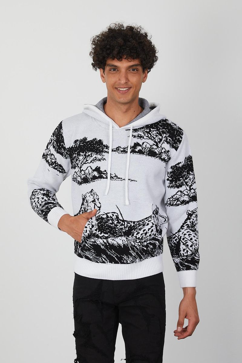 Men’s Knit Wildlife Hoodie – Monochrome Leopard Landscape Graphic Pullover for Fashion Forward Style