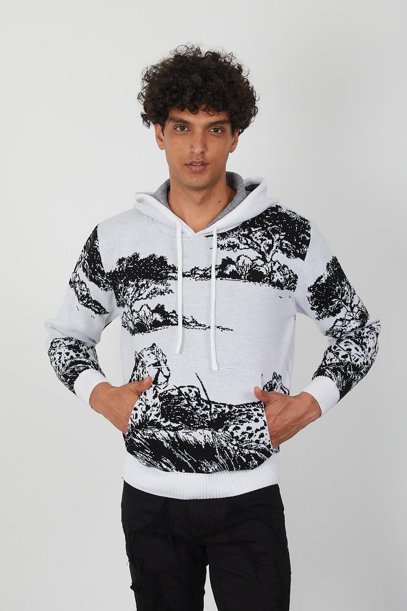 Men’s Knit Wildlife Hoodie – Monochrome Leopard Landscape Graphic Pullover for Fashion Forward Style