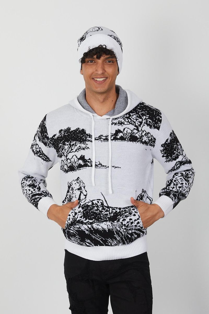 Men’s Knit Wildlife Hoodie – Monochrome Leopard Landscape Graphic Pullover for Fashion Forward Style