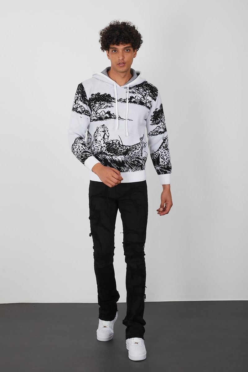 Men’s Knit Wildlife Hoodie – Monochrome Leopard Landscape Graphic Pullover for Fashion Forward Style