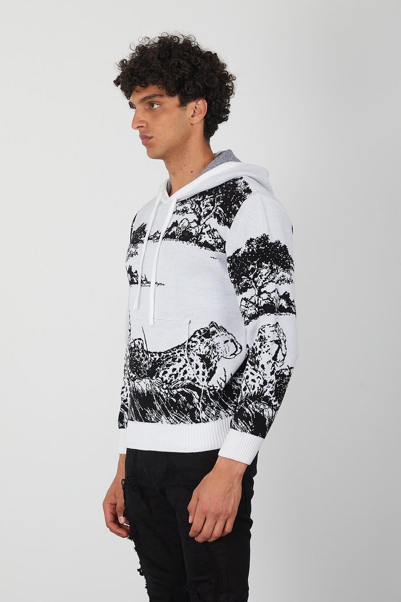 Men’s Knit Wildlife Hoodie – Monochrome Leopard Landscape Graphic Pullover for Fashion Forward Style