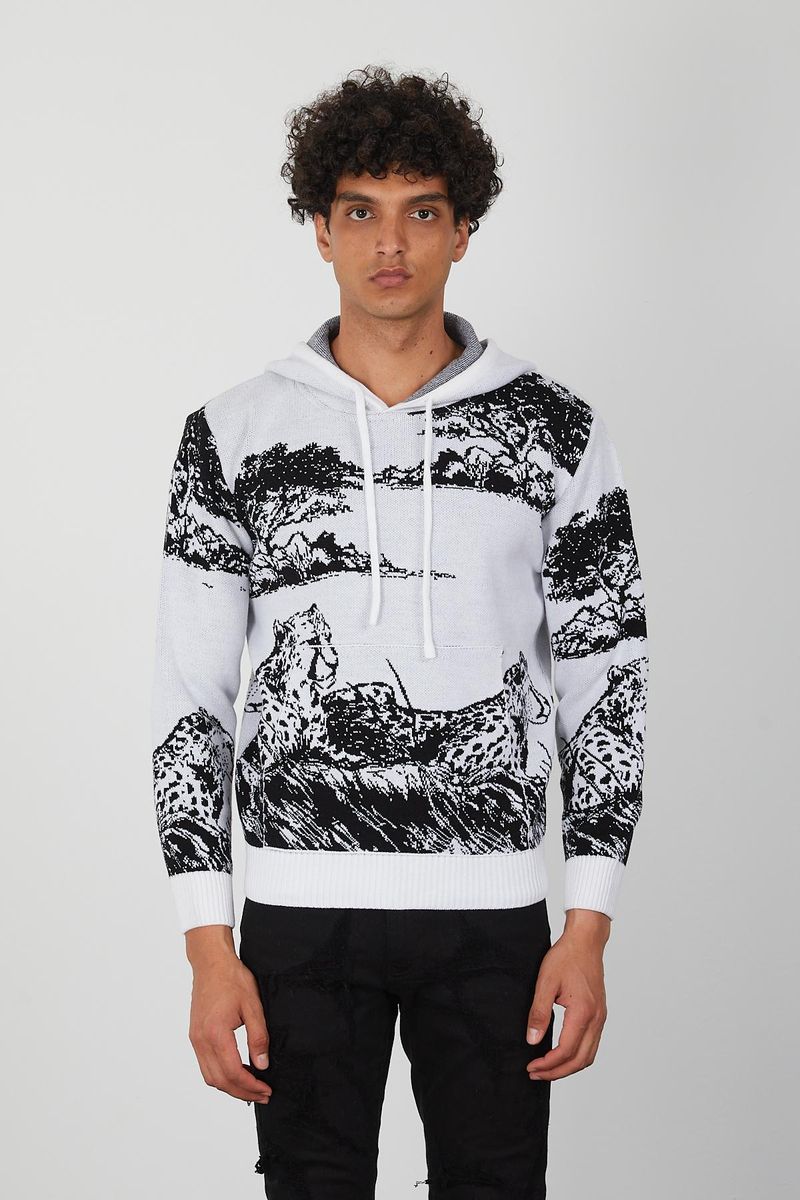 Men’s Knit Wildlife Hoodie – Monochrome Leopard Landscape Graphic Pullover for Fashion Forward Style