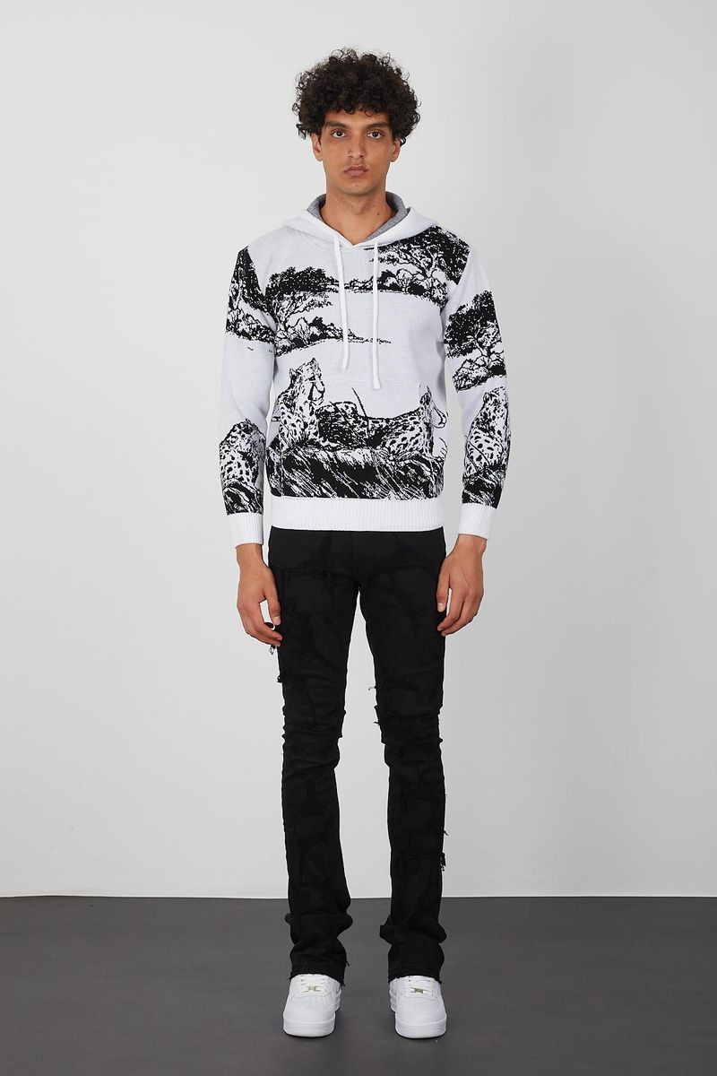 Men’s Knit Wildlife Hoodie – Monochrome Leopard Landscape Graphic Pullover for Fashion Forward Style