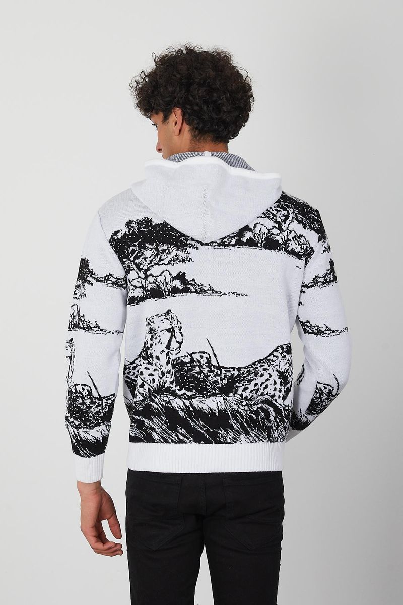 Men’s Knit Wildlife Hoodie – Monochrome Leopard Landscape Graphic Pullover for Fashion Forward Style