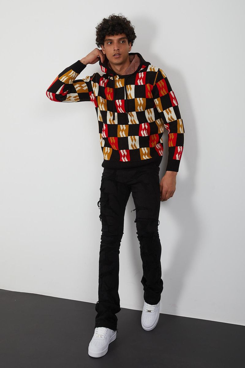 Men’s Color Block Knit Hoodie – Bold Checkerboard Pullover in Red, Mustard, White & Black