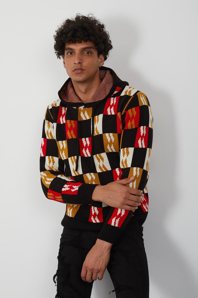 Men’s Color Block Knit Hoodie – Bold Checkerboard Pullover in Red, Mustard, White & Black