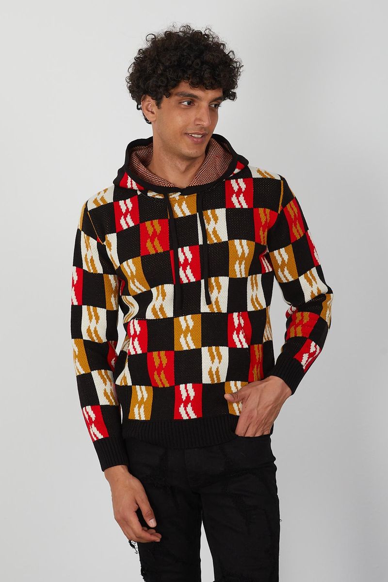 Men’s Color Block Knit Hoodie – Bold Checkerboard Pullover in Red, Mustard, White & Black