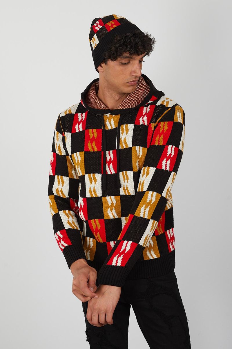 Men’s Color Block Knit Hoodie – Bold Checkerboard Pullover in Red, Mustard, White & Black