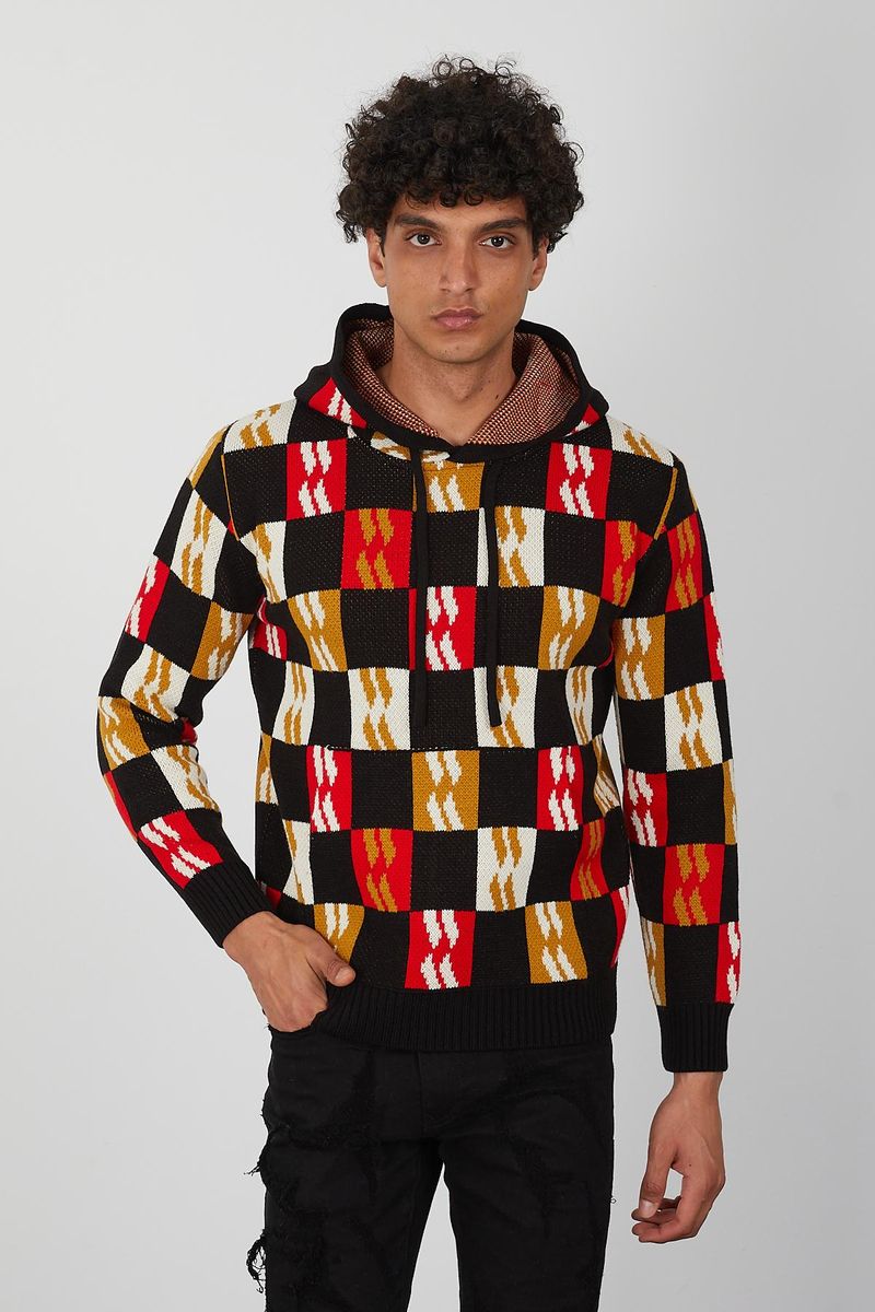 Men’s Color Block Knit Hoodie – Bold Checkerboard Pullover in Red, Mustard, White & Black