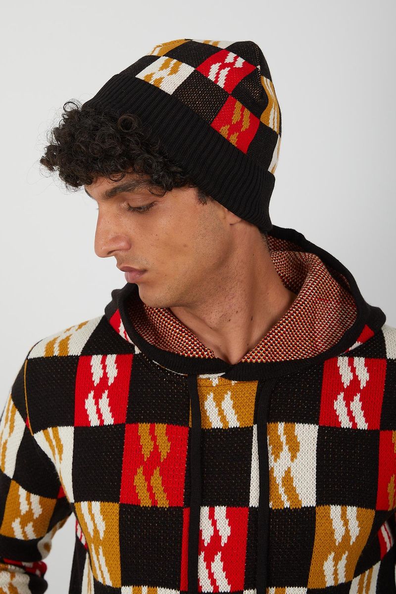 Men’s Color Block Knit Hoodie – Bold Checkerboard Pullover in Red, Mustard, White & Black