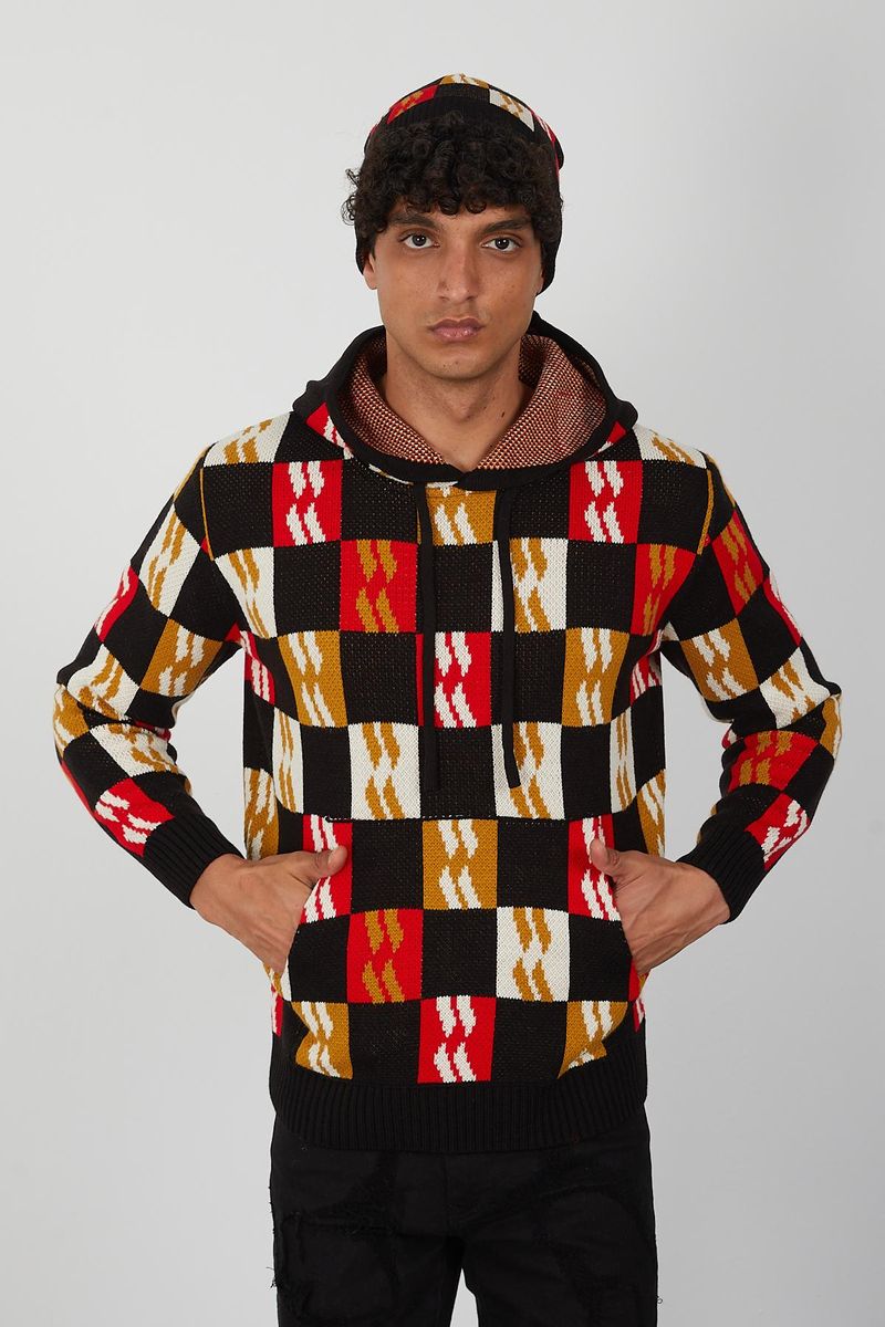 Men’s Color Block Knit Hoodie – Bold Checkerboard Pullover in Red, Mustard, White & Black