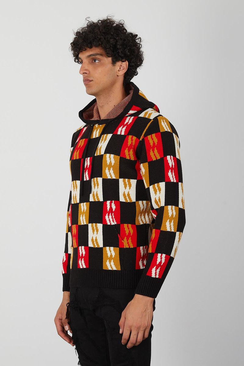 Men’s Color Block Knit Hoodie – Bold Checkerboard Pullover in Red, Mustard, White & Black