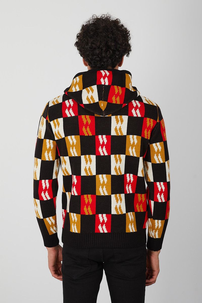 Men’s Color Block Knit Hoodie – Bold Checkerboard Pullover in Red, Mustard, White & Black