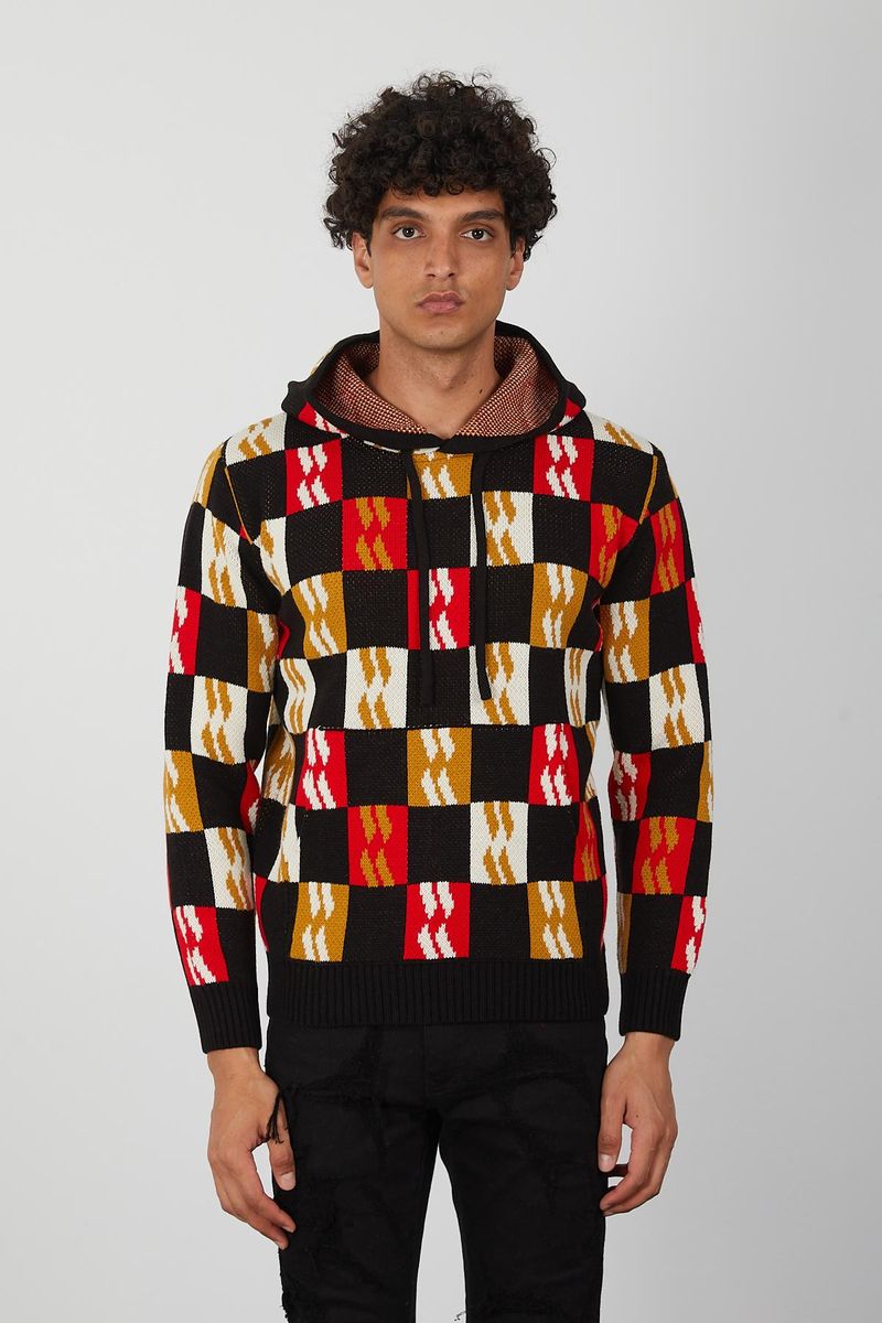 Men’s Color Block Knit Hoodie – Bold Checkerboard Pullover in Red, Mustard, White & Black