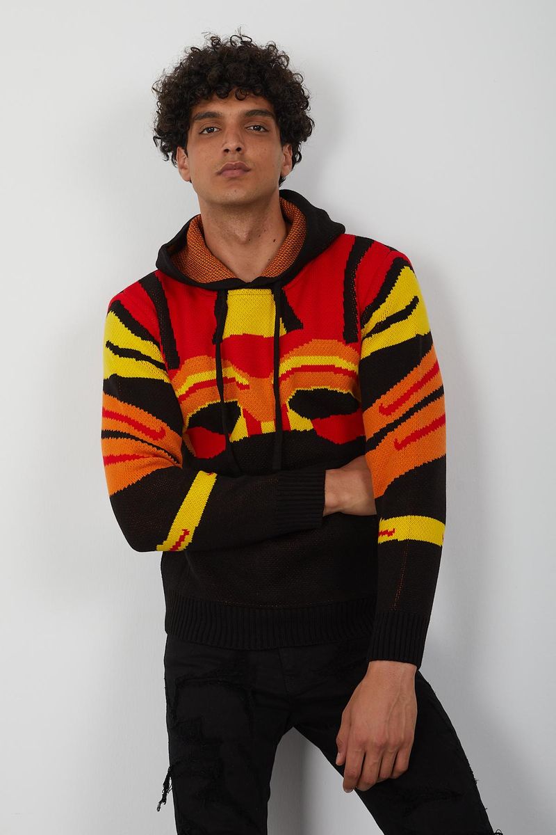Men’s Flame Gradient Knit Hoodie – Abstract Red, Yellow & Orange Pullover for Fashion Forward Streetwear