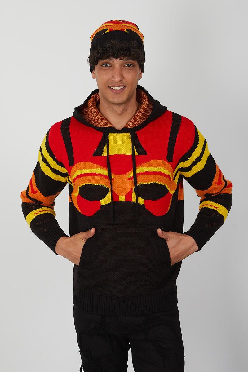Men’s Flame Gradient Knit Hoodie – Abstract Red, Yellow & Orange Pullover for Fashion Forward Streetwear