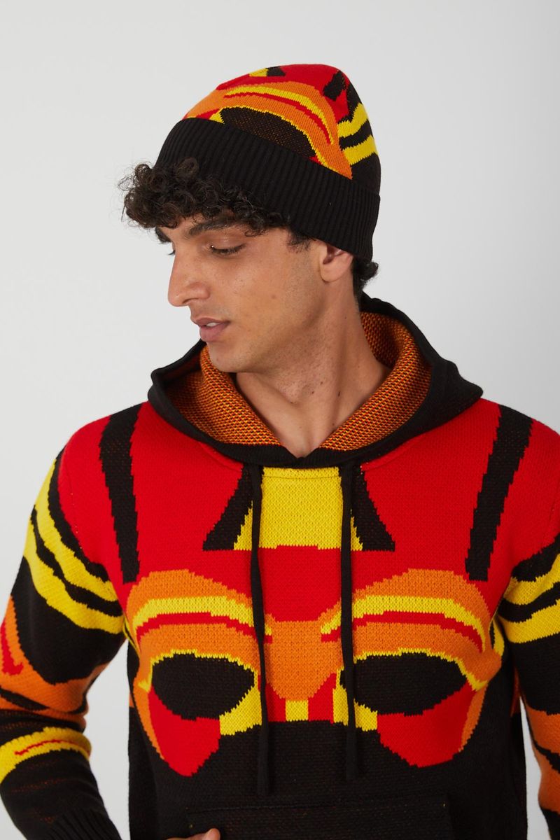 Men’s Flame Gradient Knit Hoodie – Abstract Red, Yellow & Orange Pullover for Fashion Forward Streetwear