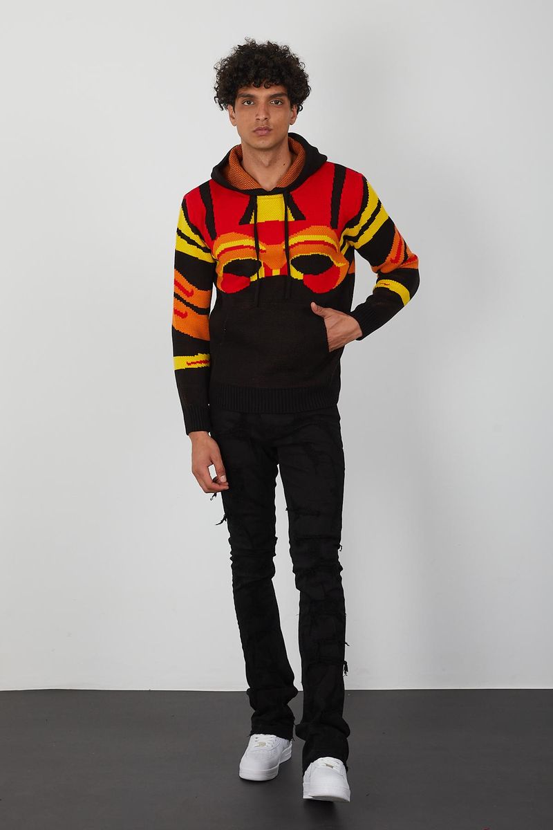 Men’s Flame Gradient Knit Hoodie – Abstract Red, Yellow & Orange Pullover for Fashion Forward Streetwear