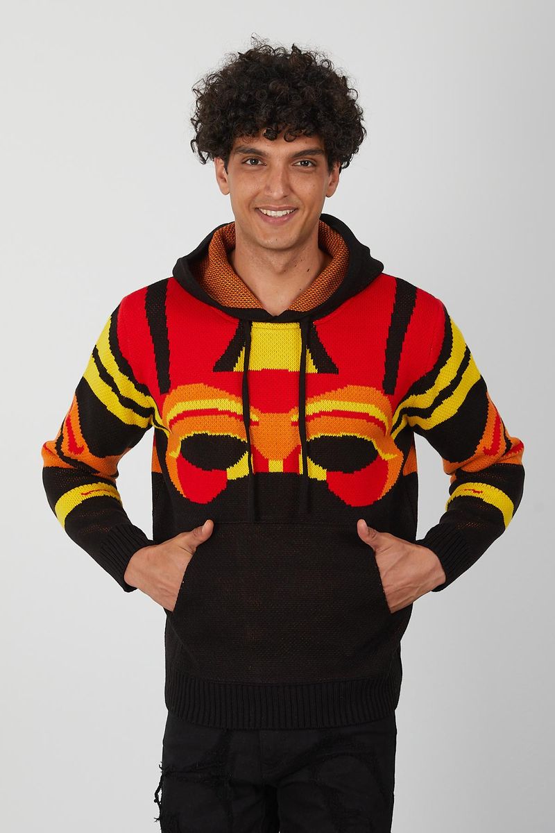 Men’s Flame Gradient Knit Hoodie – Abstract Red, Yellow & Orange Pullover for Fashion Forward Streetwear