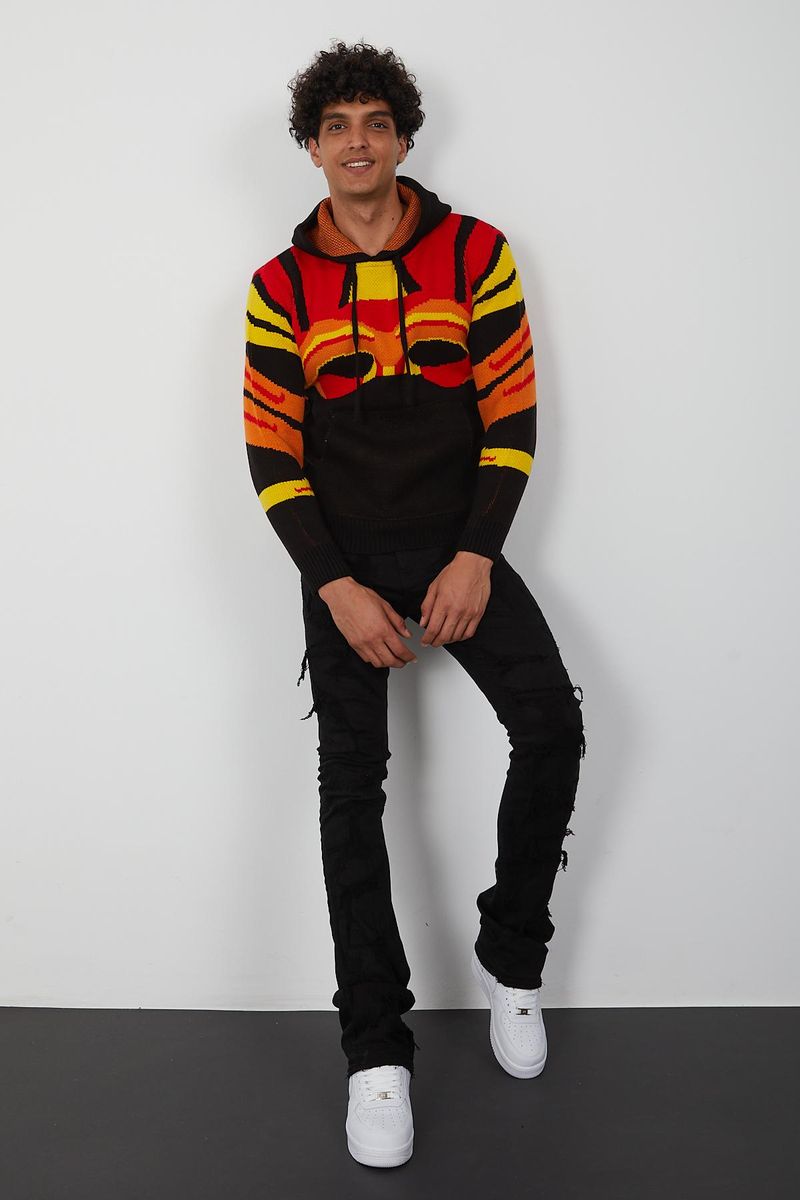 Men’s Flame Gradient Knit Hoodie – Abstract Red, Yellow & Orange Pullover for Fashion Forward Streetwear
