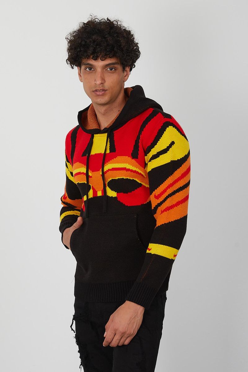 Men’s Flame Gradient Knit Hoodie – Abstract Red, Yellow & Orange Pullover for Fashion Forward Streetwear