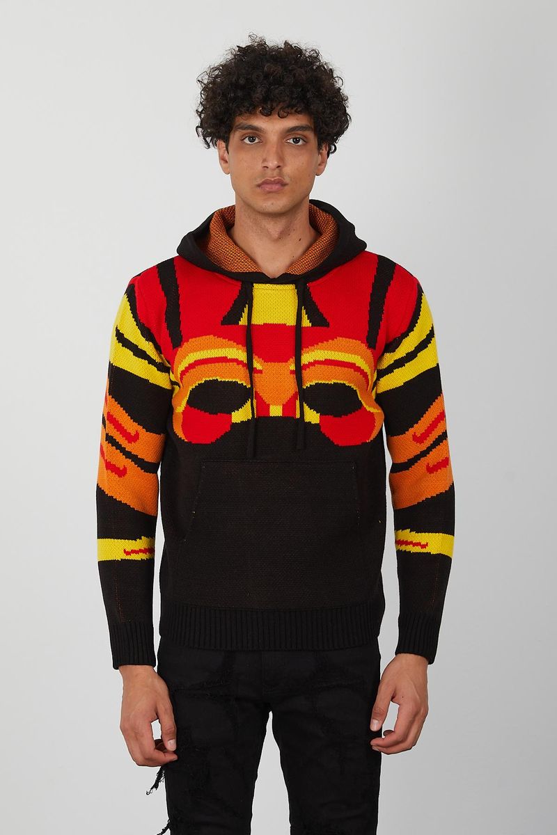 Men’s Flame Gradient Knit Hoodie – Abstract Red, Yellow & Orange Pullover for Fashion Forward Streetwear