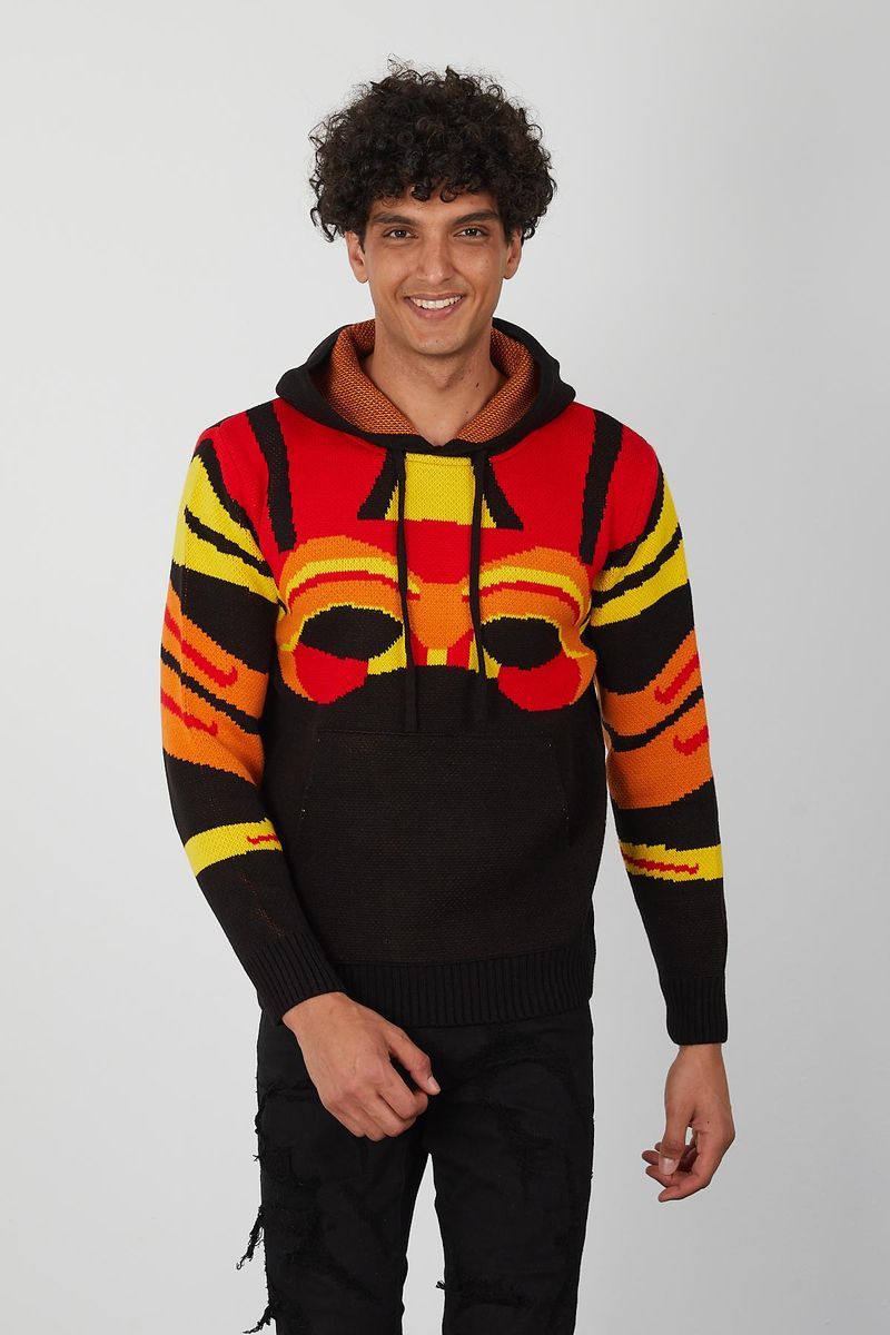 Men’s Flame Gradient Knit Hoodie – Abstract Red, Yellow & Orange Pullover for Fashion Forward Streetwear
