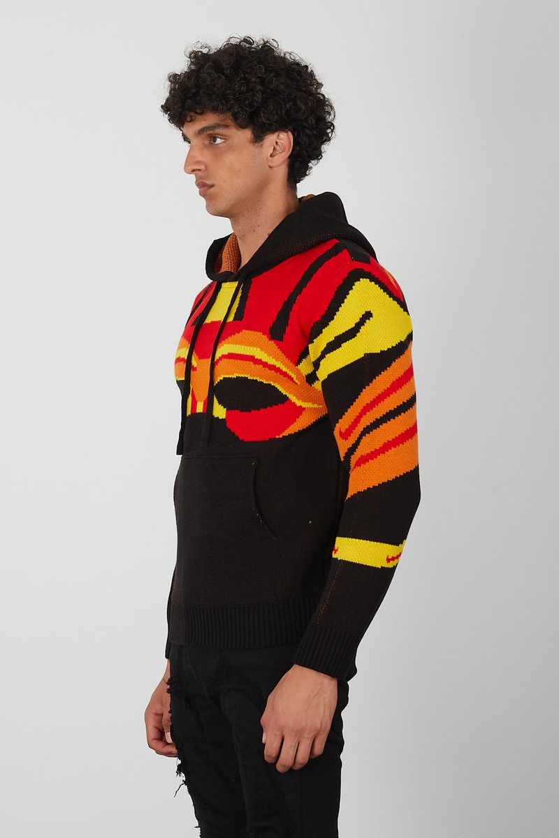 Men’s Flame Gradient Knit Hoodie – Abstract Red, Yellow & Orange Pullover for Fashion Forward Streetwear