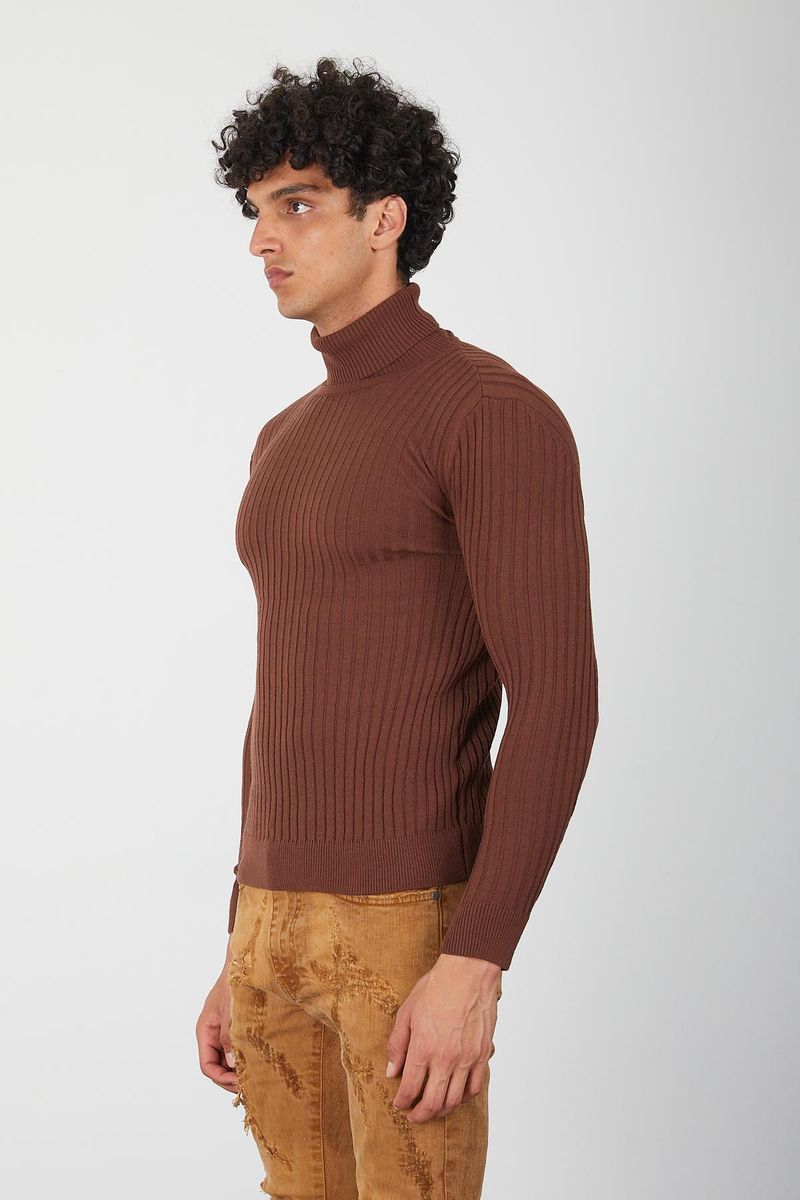Brown Men’s Turtleneck Sweater-Soft Knit Slim Pullover