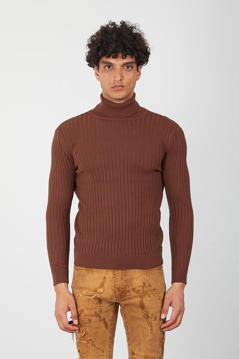 Brown Men’s Turtleneck Sweater-Soft Knit Slim Pullover