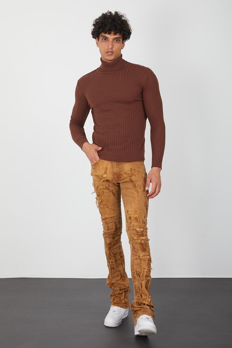 Brown Men’s Turtleneck Sweater-Soft Knit Slim Pullover