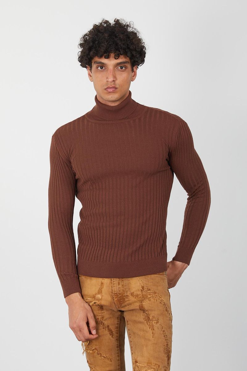 Brown Men’s Turtleneck Sweater-Soft Knit Slim Pullover