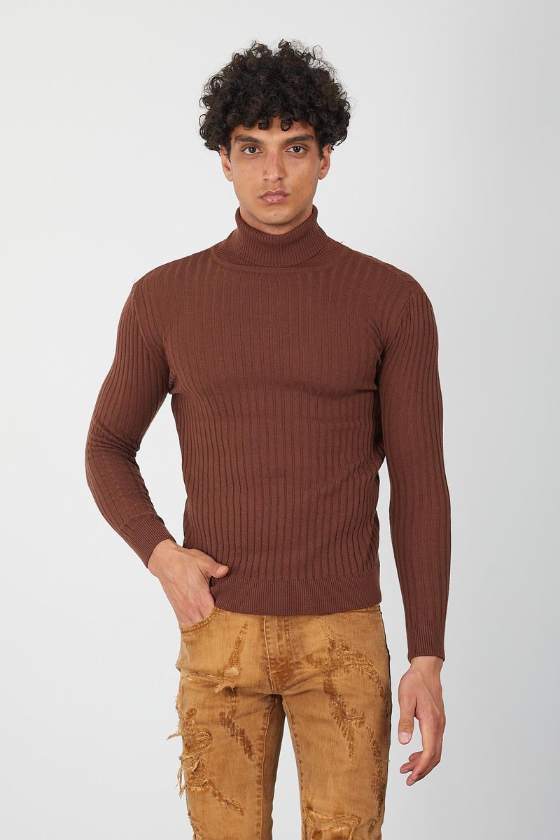 Brown Men’s Turtleneck Sweater-Soft Knit Slim Pullover