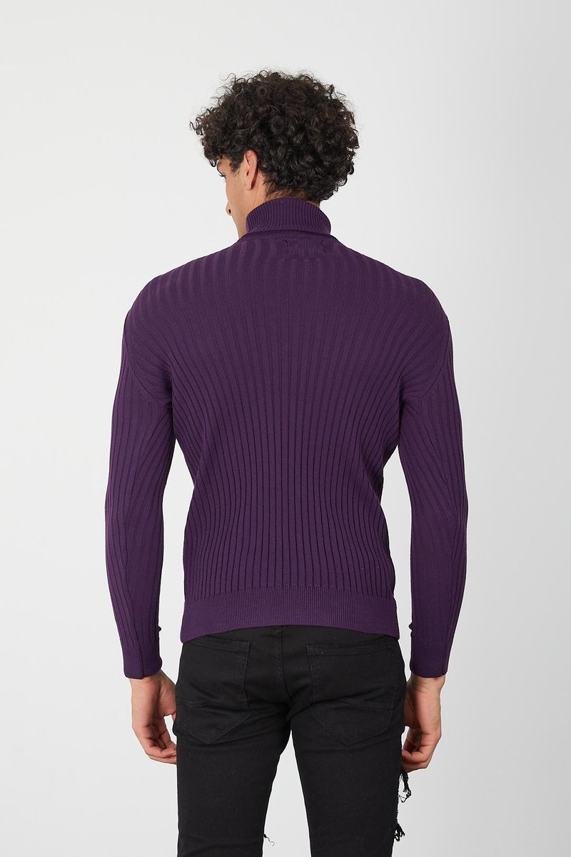 Purple Ribbed Men’s Turtleneck Sweater -Knit Slim Pullover