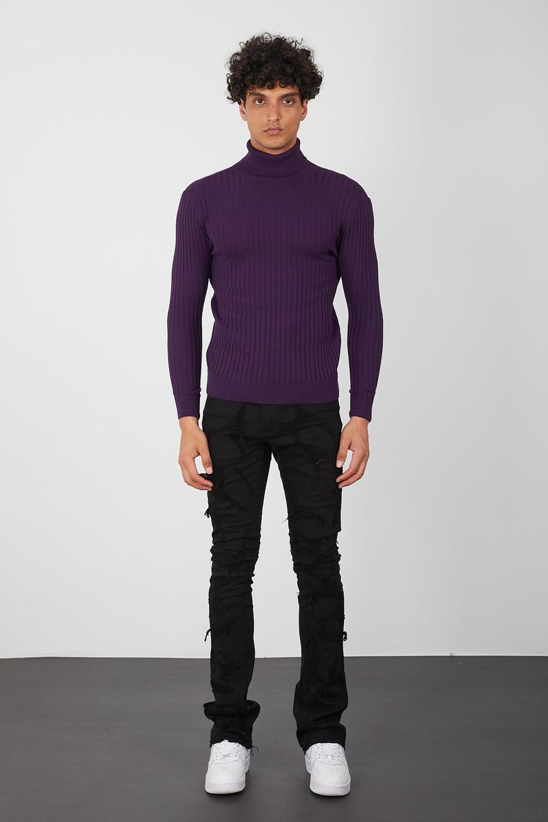 Purple Ribbed Men’s Turtleneck Sweater -Knit Slim Pullover