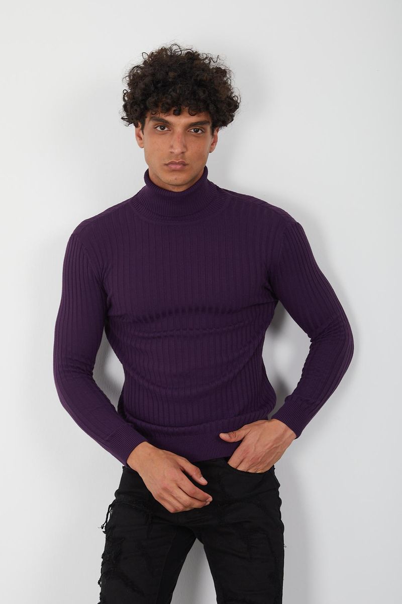 Purple Ribbed Men’s Turtleneck Sweater -Knit Slim Pullover
