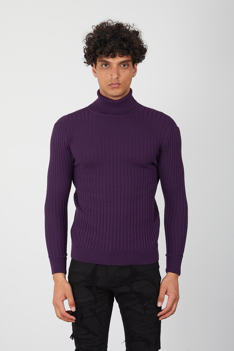 Purple Ribbed Men’s Turtleneck Sweater -Knit Slim Pullover