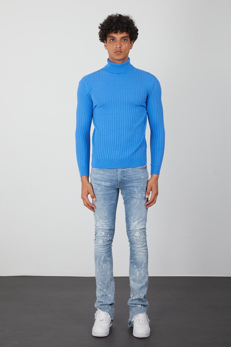 Blue Ribbed Men’s Turtleneck Sweater-Slim Knit Pullover