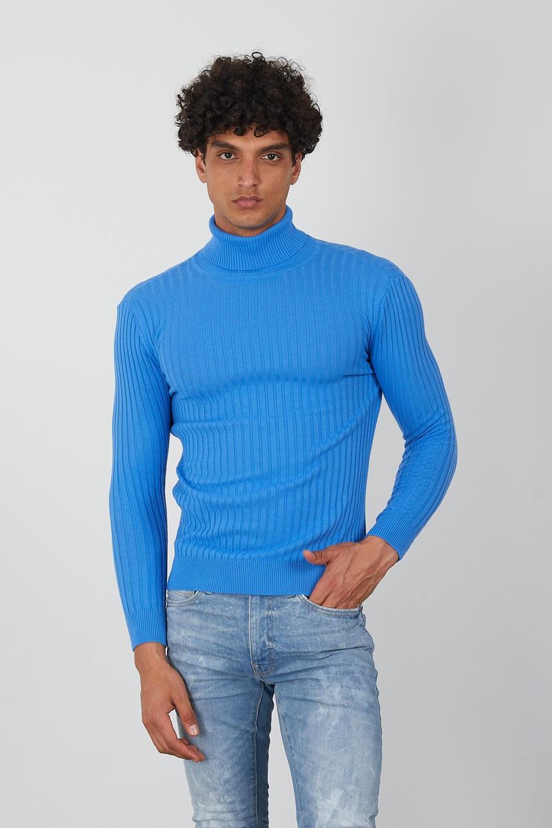 Blue Ribbed Men’s Turtleneck Sweater-Slim Knit Pullover