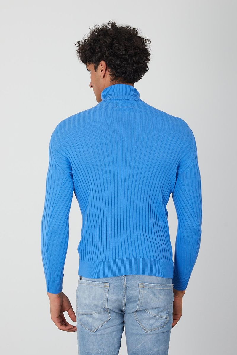 Blue Ribbed Men’s Turtleneck Sweater-Slim Knit Pullover