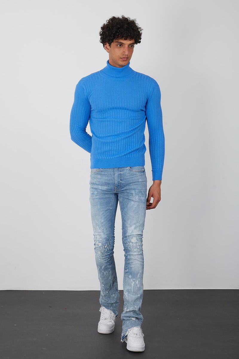 Blue Ribbed Men’s Turtleneck Sweater-Slim Knit Pullover