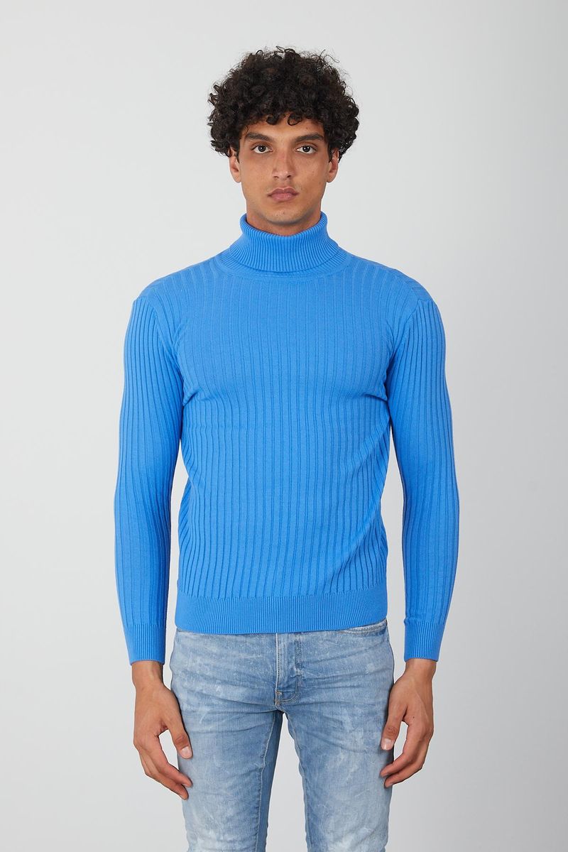Blue Ribbed Men’s Turtleneck Sweater-Slim Knit Pullover