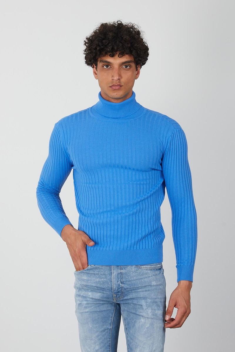 Blue Ribbed Men’s Turtleneck Sweater-Slim Knit Pullover
