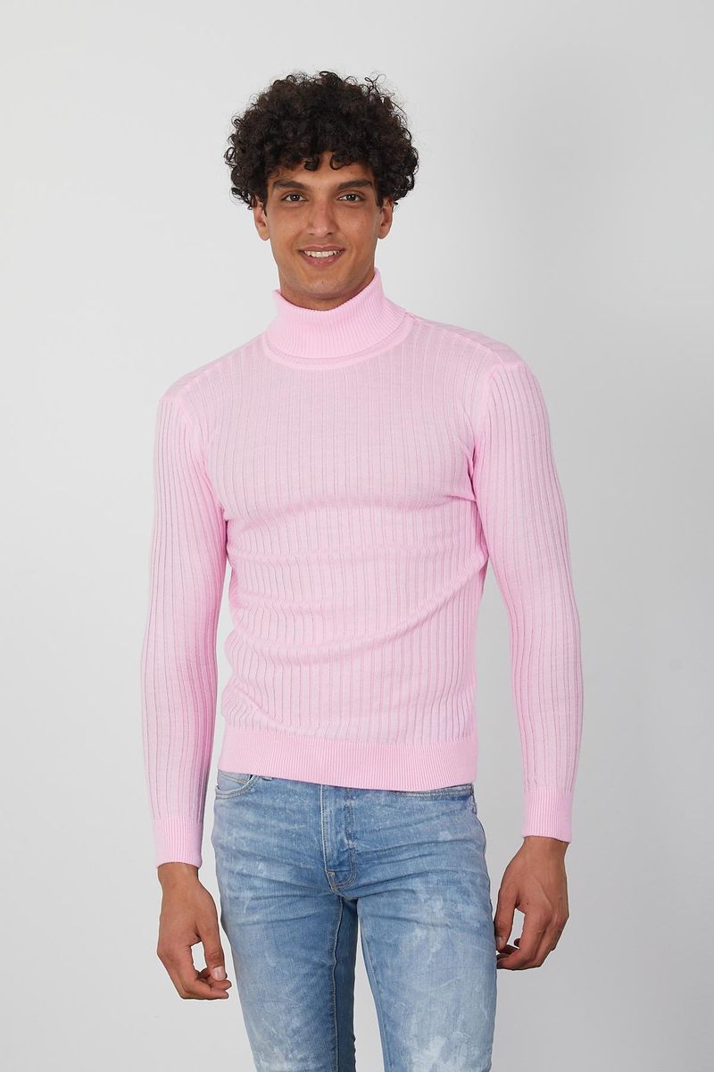 Men's Pink Turtleneck Sweater -Stylish Slim Fit Pullover