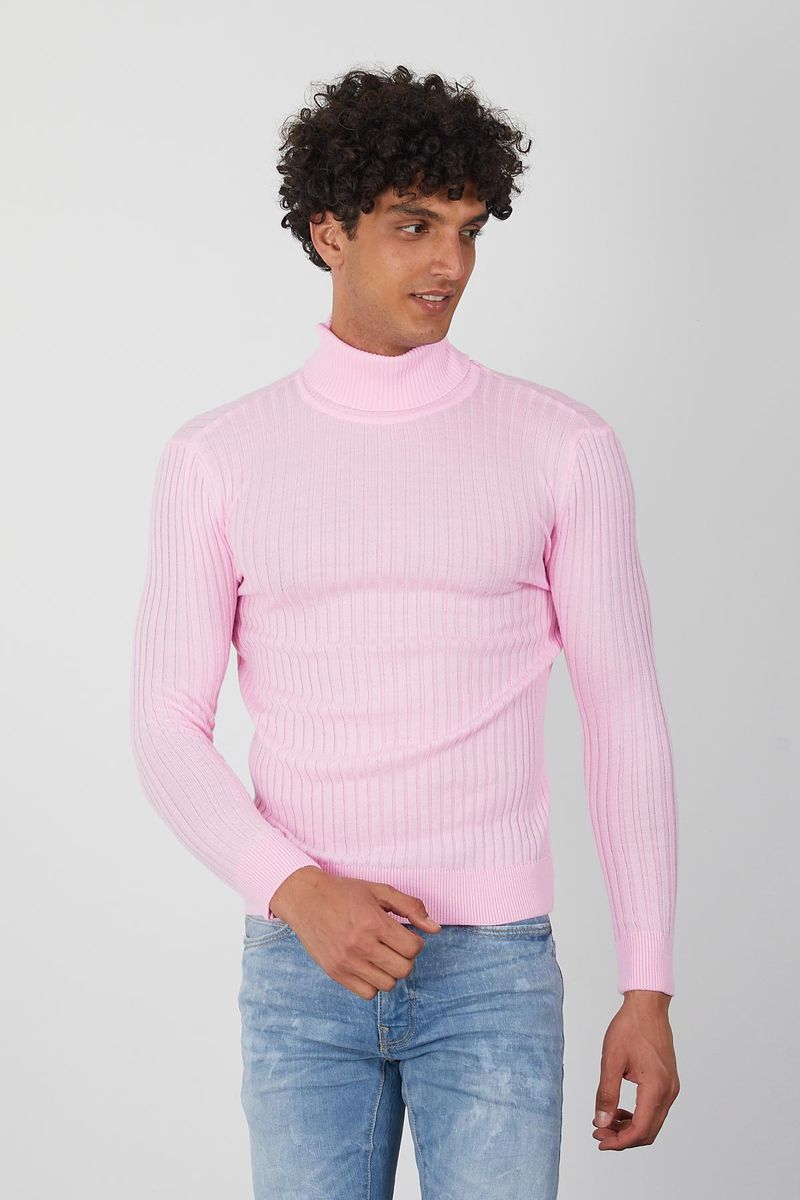 Men's Pink Turtleneck Sweater -Stylish Slim Fit Pullover